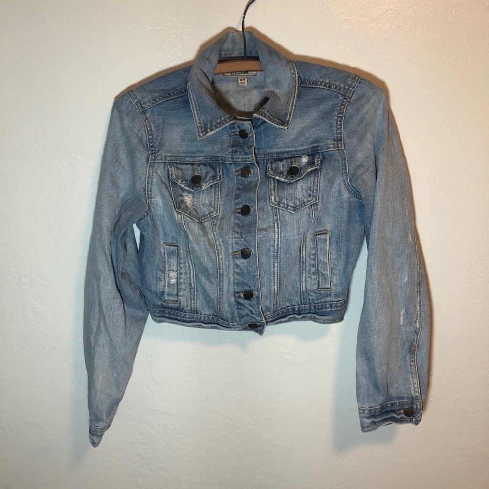 Decree distressed crop jean jacket juniors medium